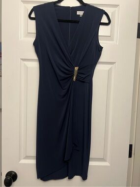 Ruched Navy Calvin Klein Sheath Dress with Gold Hardware - size 6